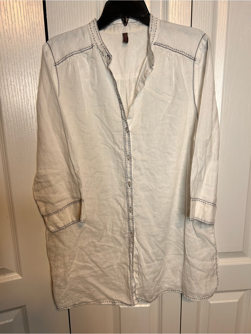 Wrap London Women’s Size 12 White Linen Tunic Blouse with Contrast Stitching